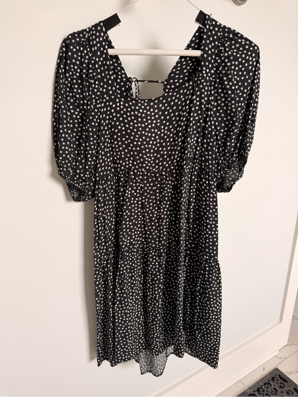 Things Between- Black Polka Dot Midi Dress with Puff Sleeves- S